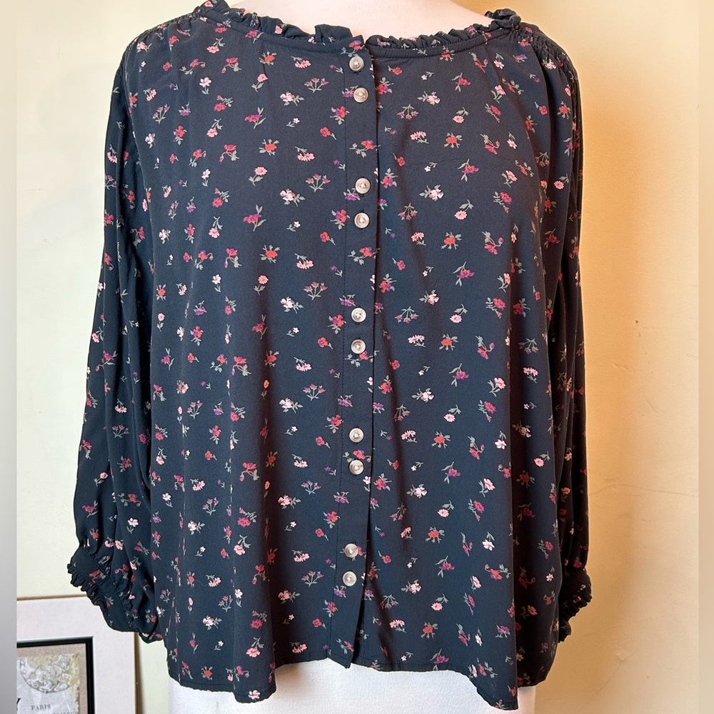 Lucky Brand Tunic Boho Black Floral High Low Delman Sleeves